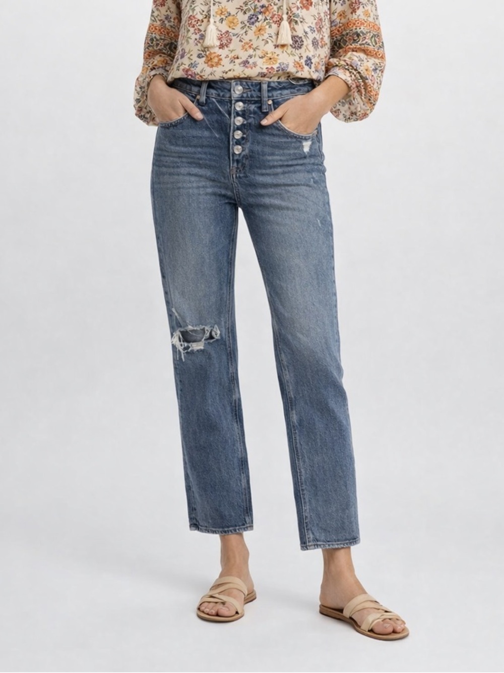 PAIGE Sarah Slim Straight Jeans Effortless Parisian Denim ripped and worn denim